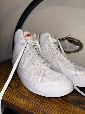 Nike Blazer White Leather High-Top Sneakers with Orange Tongue Logo